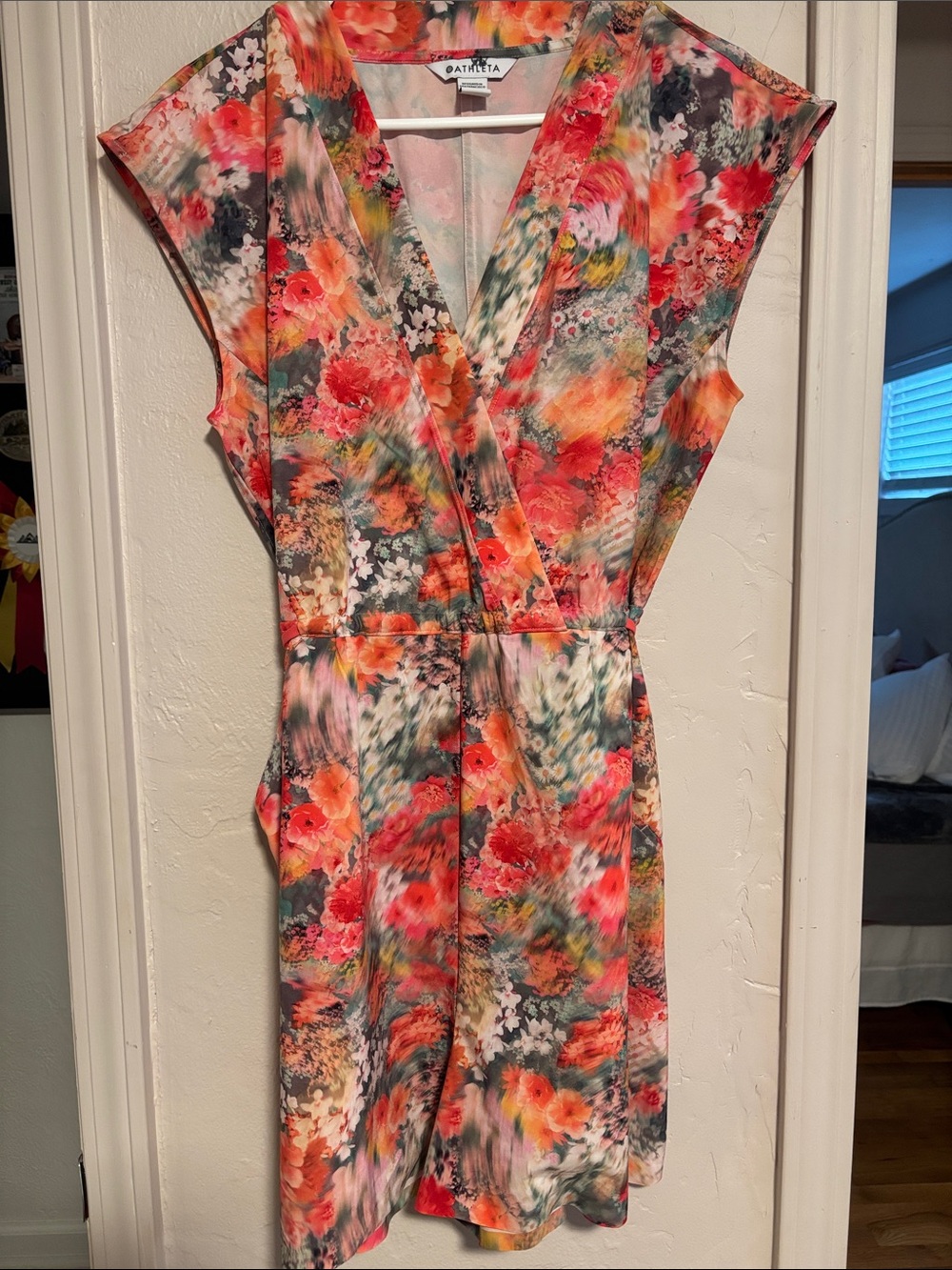 Athleta Coral & Green Floral Wrap-Front Romper